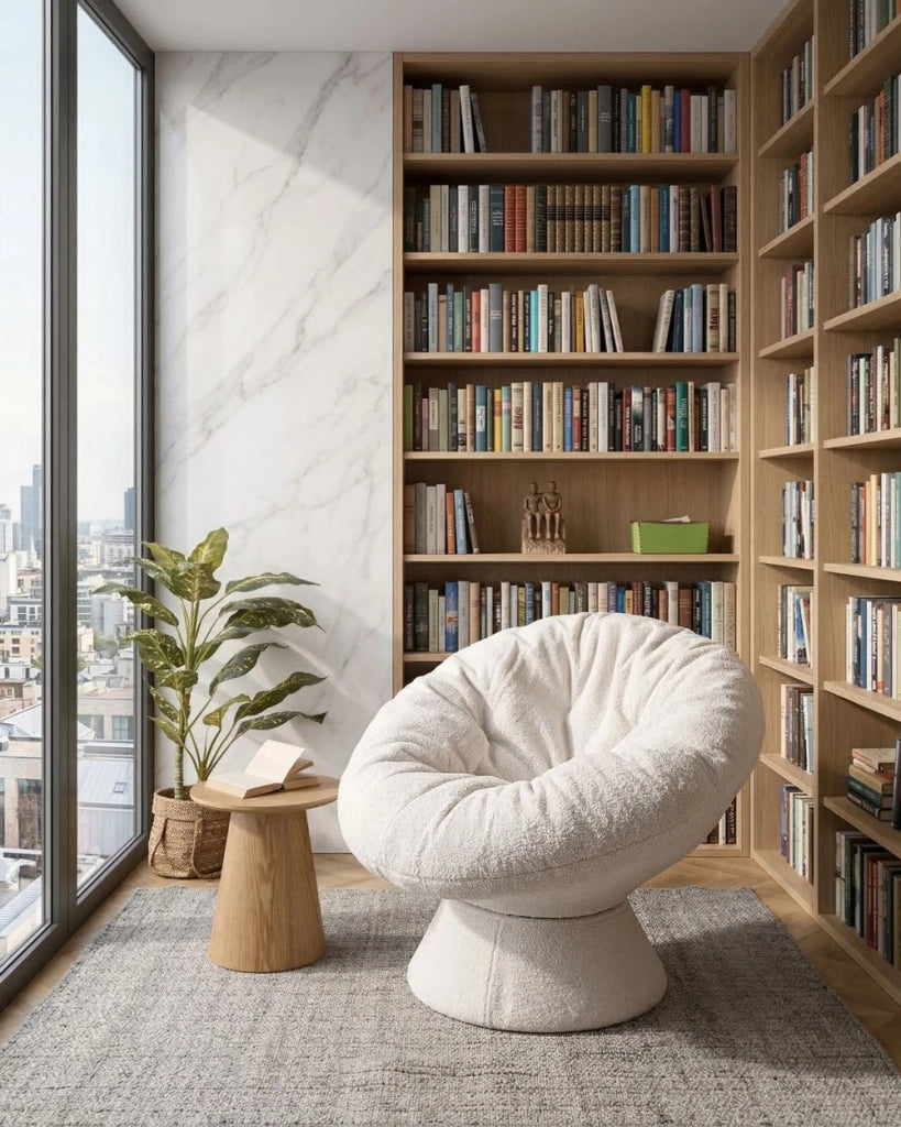 Poltrona Bouclé bianco sporco con base girevole a 360° Papasan a forma di ciotola stile moderno salotto angolo lettura
