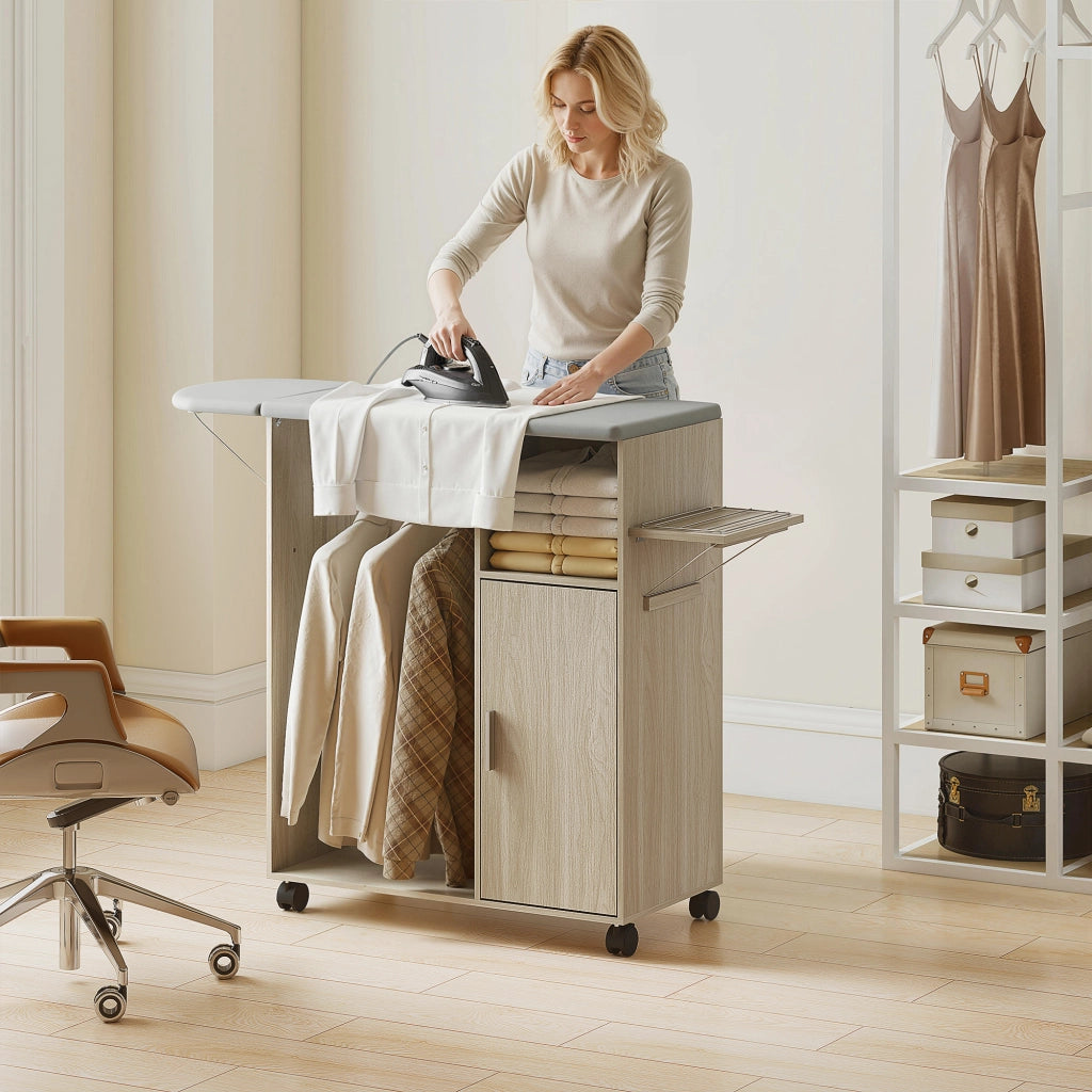 Mobile Asse da Stiro in Effetto Lino Armadietto e Barra per Vestiti 127x42,5x99 cm Grigio e Color Legno