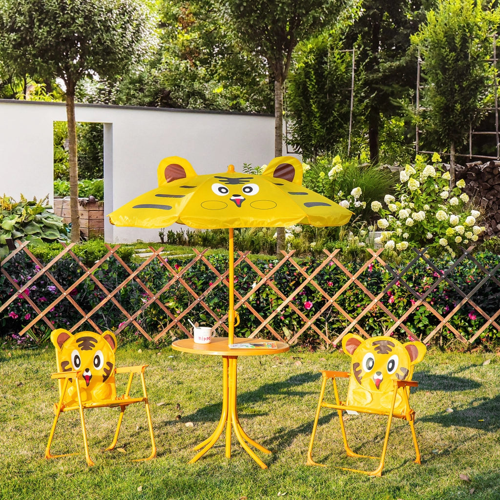 Set da Esterno per Bambini 4 pz con 2 Sedie, Ombrellone e Tavolo Rotondo, in Acciaio e Tessuto Oxford Giallo