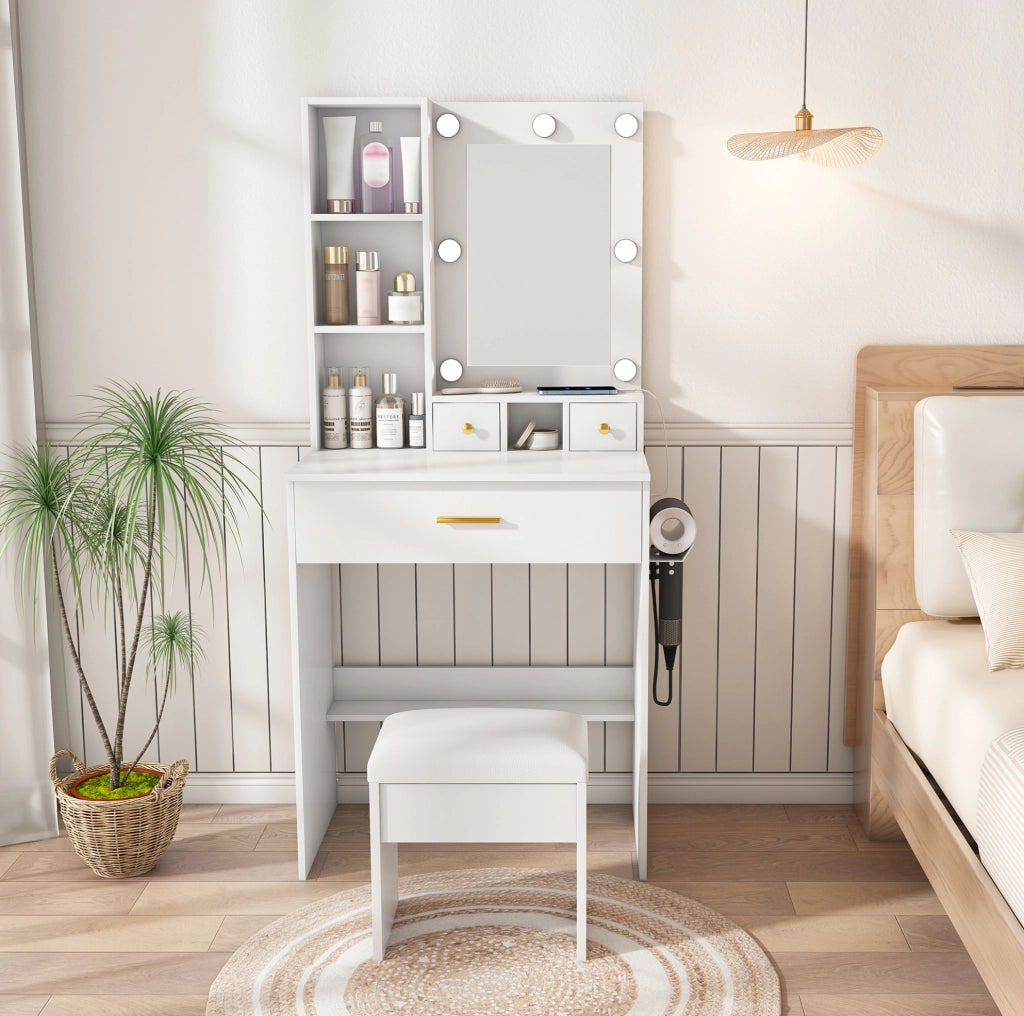 Tavolo da trucco con specchio LED a 3 modalità; presa elettrica; supporto phon e sgabello; bianco 60x131;5x38 cm