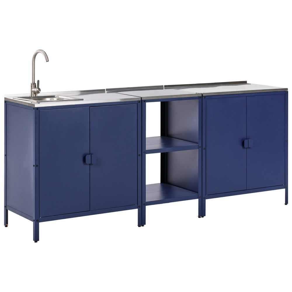 Set di cucina da esterno composto 3 elementi in acciaio blu 2 armadietti con lavello a leva singola cucina da esterno