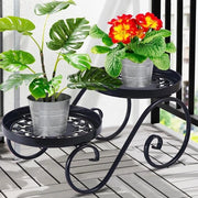 Supporto per piante 2 livelli in acciaio inossidabile - supporto per piante nero - supporto per piante per molte piante - banco di fiori rotondo per interni ed esterni - banco per fiori in metallo - sostegno per piante per giardino