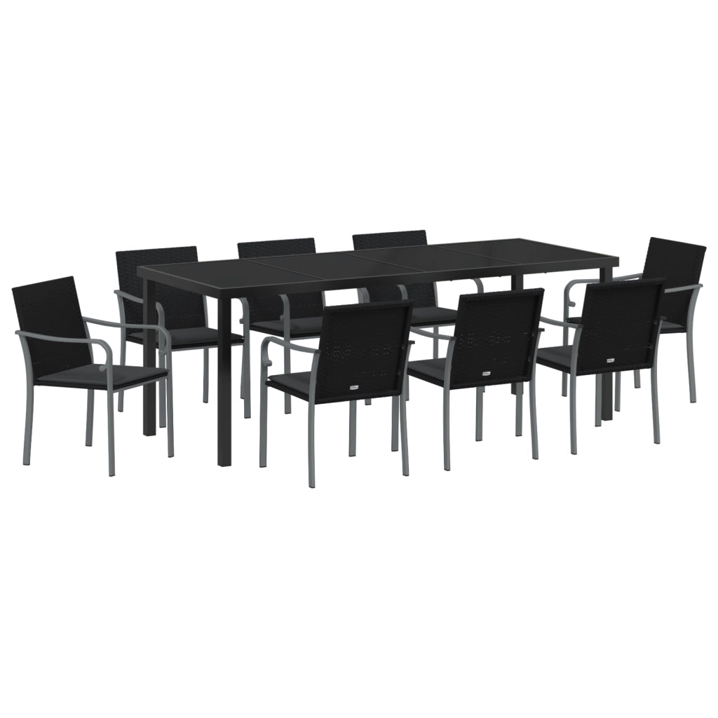 Set pranzo giardino 9 pezzi con cuscini Polyrattan neri