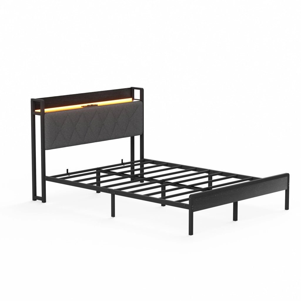 Letto imbottito 140x190 cm con testiera LED e USB, struttura in metallo, nero/grigio