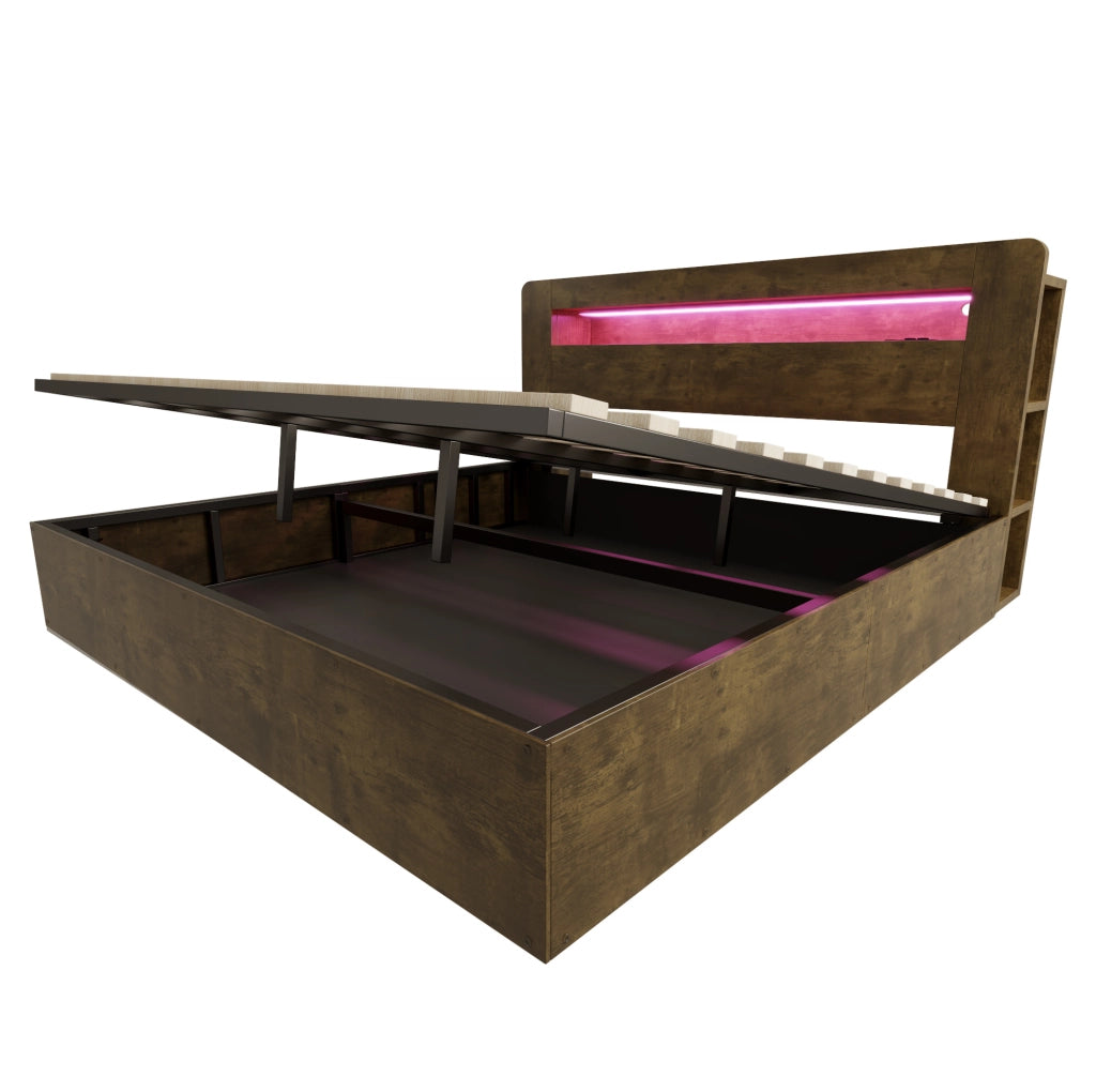 Letto contenitore 180x200 in legno con LED, prese integrate e testiera con vani