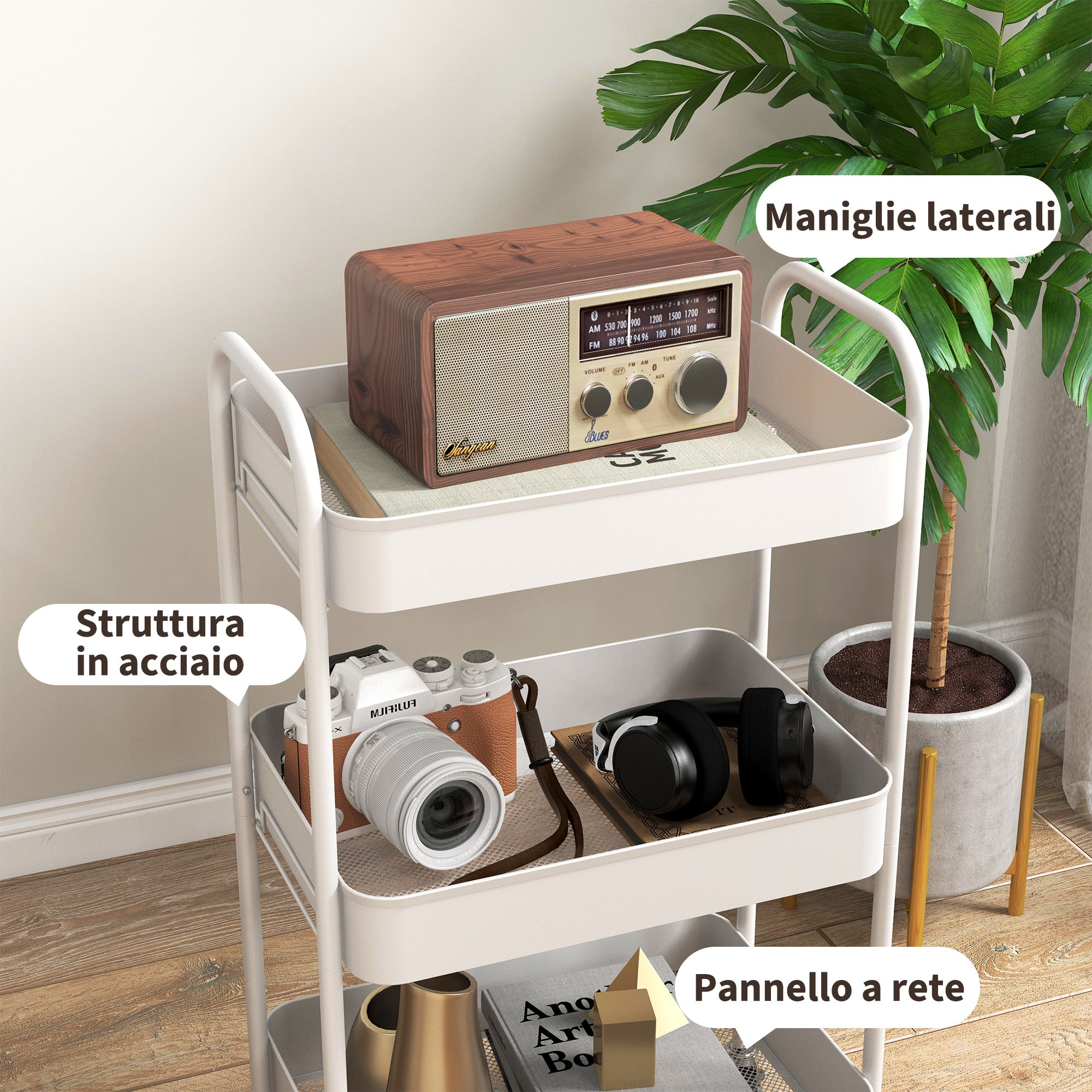 Carrello da Cucina a 3 Livelli con Maniglie e 4 Rotelle 45x30,6x79 cm in Acciaio Bianco