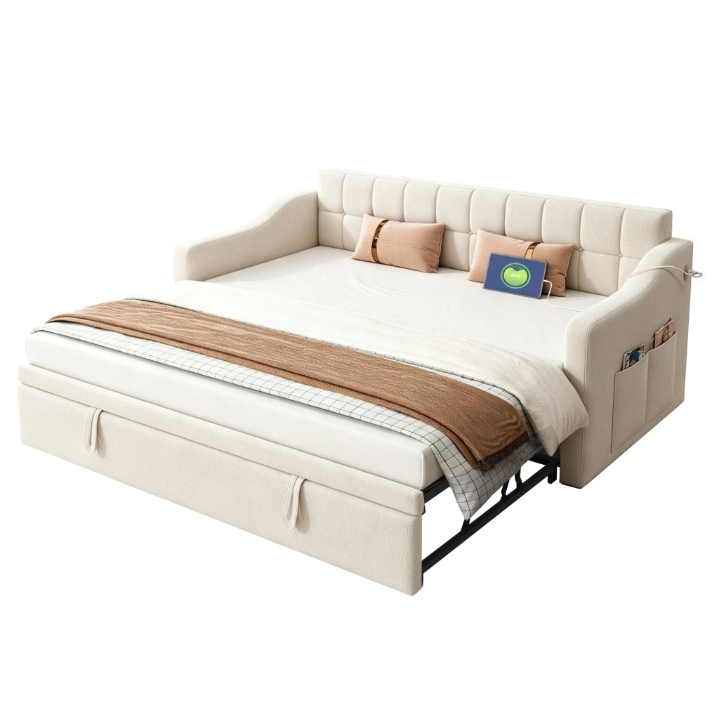 Letto imbottito singolo 90×190 cm estraibile con USB; rete in metallo e legno; senza materasso; beige