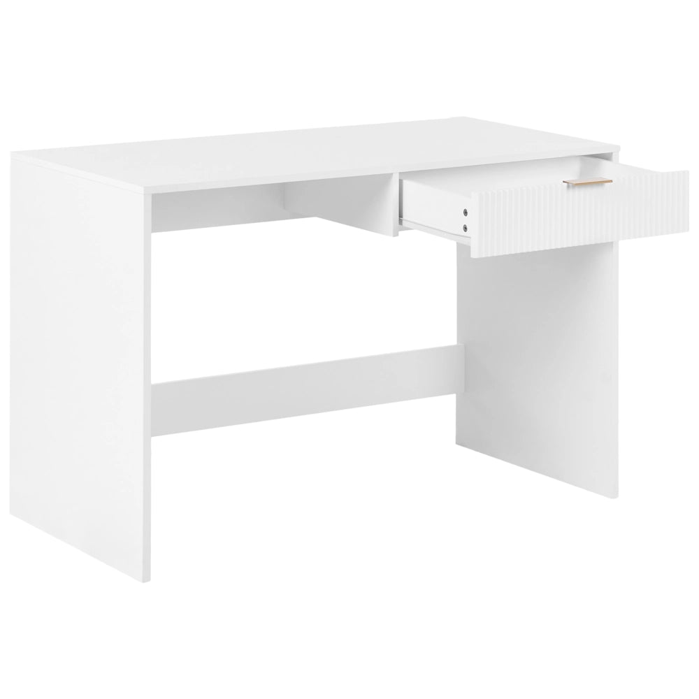 Scrivania da ufficio per casa in pannello truciolare bianco, 120 x 60 cm con 1 cassetto, gambe larghe, stile scandinavo