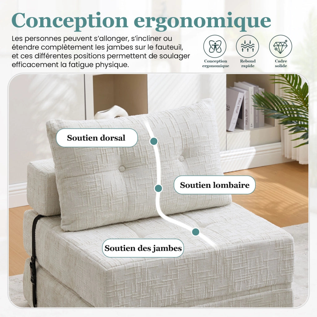 OKWISH Divano Letto Pieghevole con Schienale, Cuscini Poggiatesta e Lombare, Schiuma ad Alta Densità, Ciniglia Beige