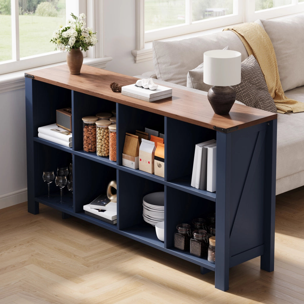 Libreria con 8 vani aperti; per soggiorno e cucina; in MDF blu; 140×34×75 cm