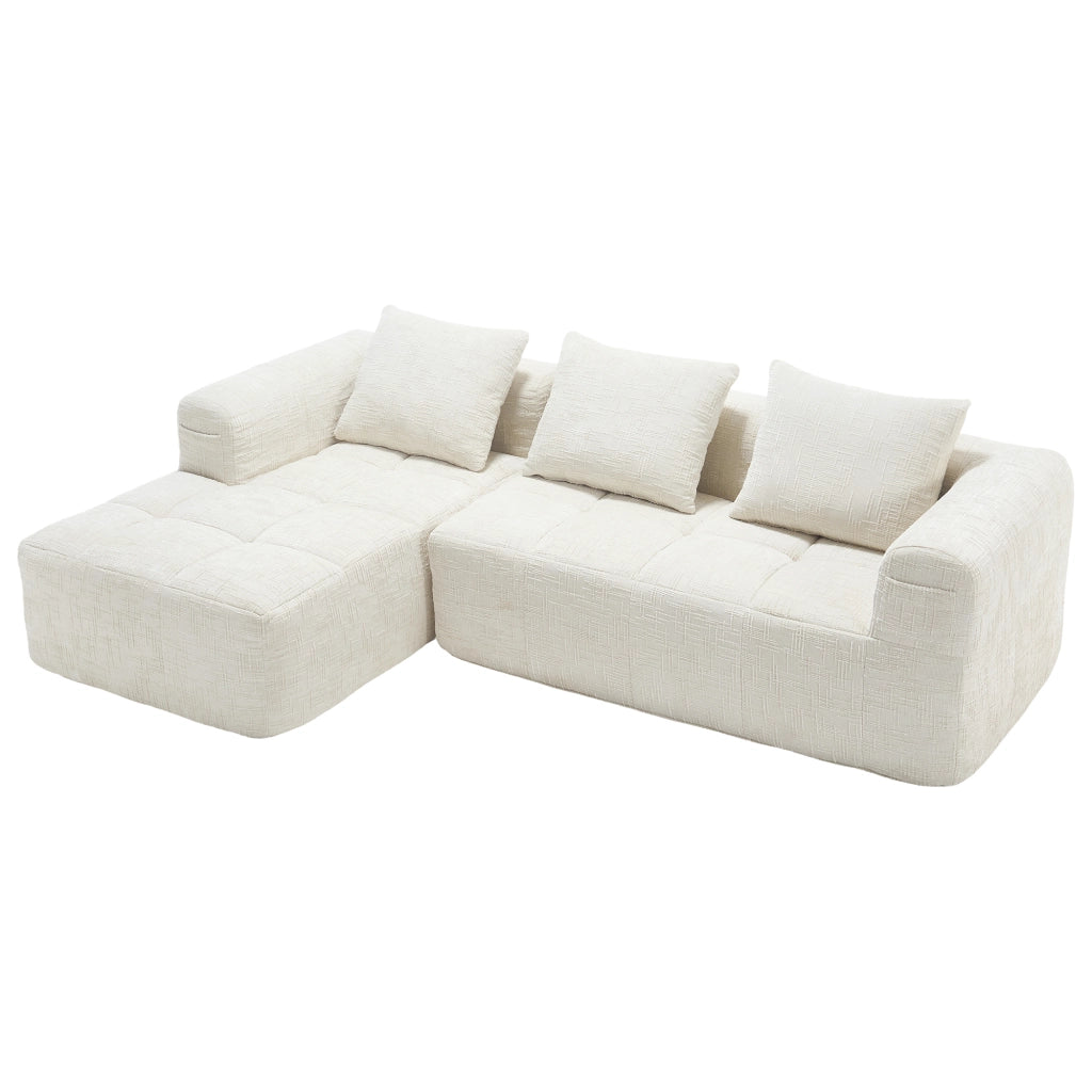 OKWISH Divano Angolare 3 Posti, Composizione Modulare senza Montaggio con Penisola, 3 Cuscini, Ciniglia Beige