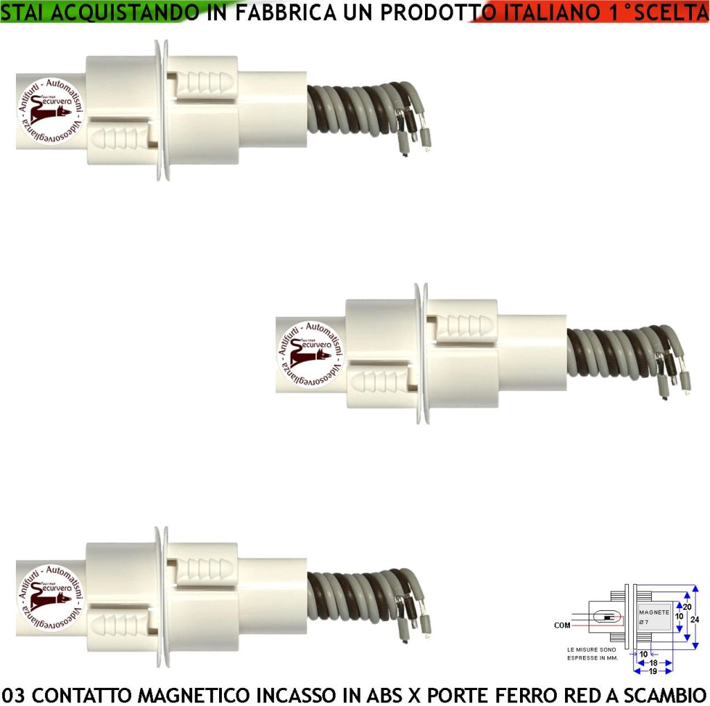 Antifurto Contatto Magnetico Blindato a Cilindro In ABS da Incasso 3 Sensori Reed Scambio Rilevano Posizione Porta in Ferro Campo Lavoro 15 mm 3 Fili C.NC.NA Max 30 V 10 W Fissaggio ad Incasso IP67