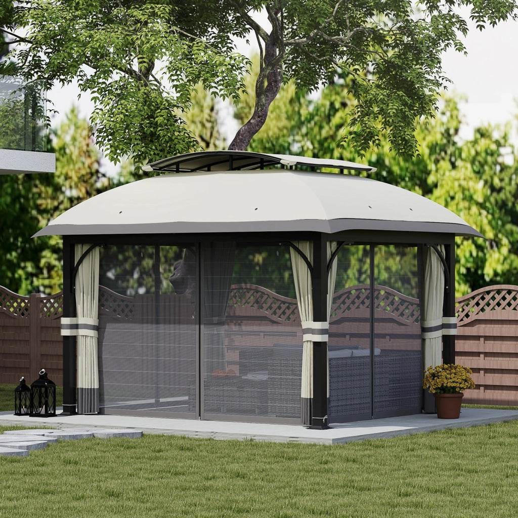Gazebo da Giardino 395x330x294 cm con Zanzariere e Doppio Tetto in Metallo e Poliestere Grigio Chiaro