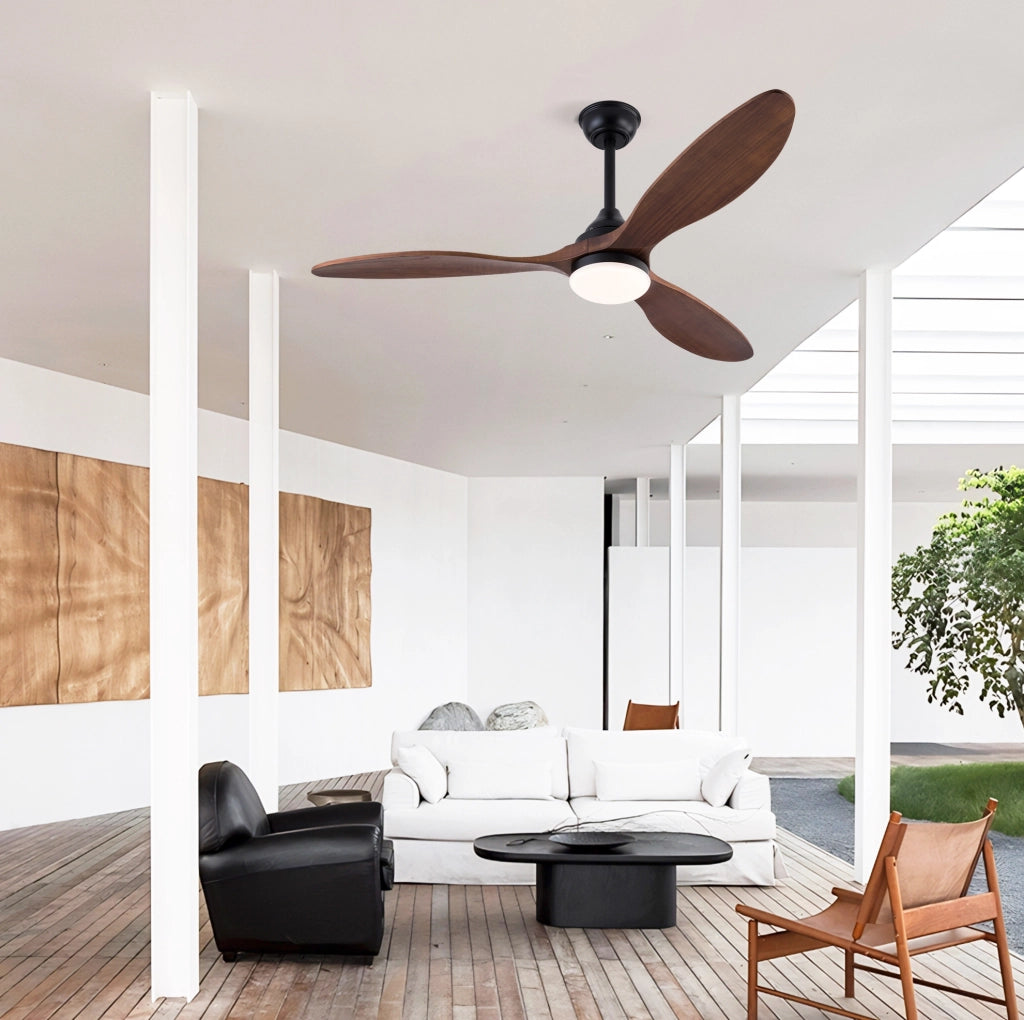Ventilatore da soffitto da 52 pollici con luce LED; 3 pale in legno massiccio; nero e noce scuro