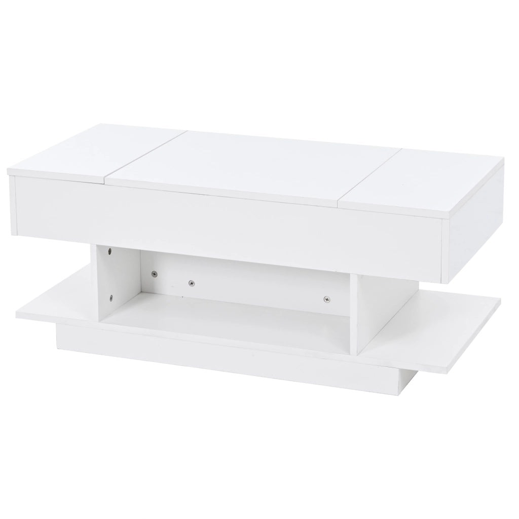 Tavolino da salotto 98x45x40 cm; elevabile con LED e vani contenitori; truciolato bianco