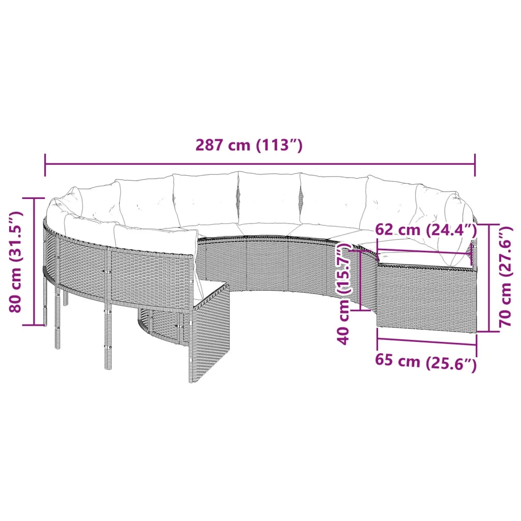 Divano da Giardino con Cuscini Circolare Nero in Polyrattan