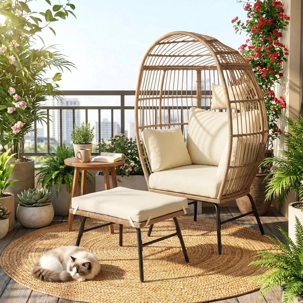 Poltrona a Uovo con Pouf, Sedia Relax in Rattan PE con Comodi Cuscini e Cuscinetti, Fodere Sfoderabili, Poltrona Pigra di Grandi Dimensioni per Balcone, Piscina, Veranda