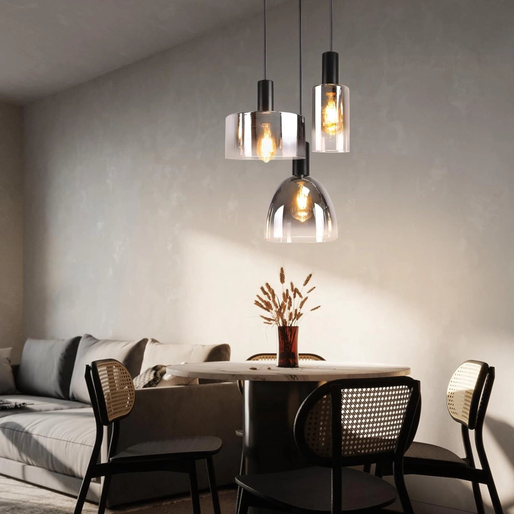 ZMH Lampada a Sospensione 3 Luci E27 Vintage Vetro Fum¨¦ Altezza Regolabile per Cucina Camera Senza Lampadina
