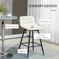 Set 2 Sgabelli da Bar con Schienale e Poggiapiedi in Stile Nordico in Metallo e Velluto, color Crema, 45x47x84 cm