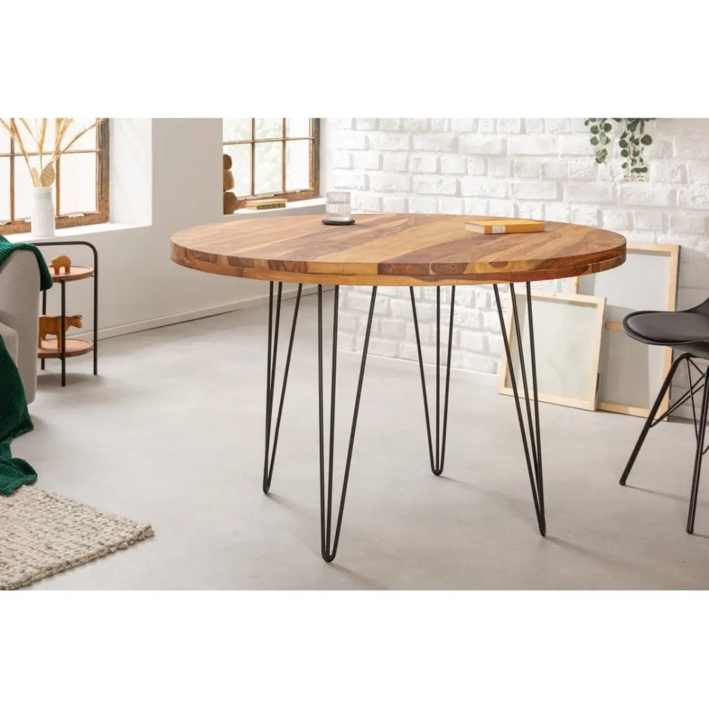 Tavolo da pranzo ORBO 120 cm – Piano in legno di Sheesham verniciato e gambe in metallo nero – Stile industriale