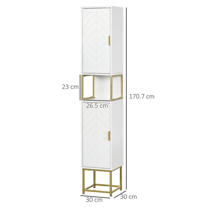 COLONNA BAGNO CON 2 ARMADIETTI E RIPIANO IN MDF E ACCIAIO, 30X30X170.7CM, BIANCO E ORO