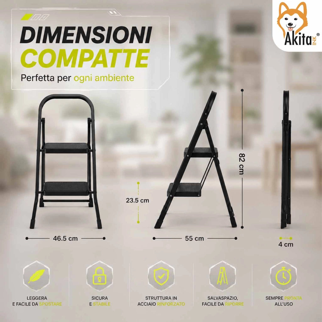 Akitaink Scaletta 2 Gradini Nera Acciaio Antiscivolo 150 Kg