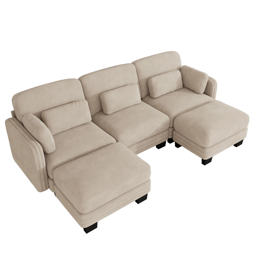 Divano modulare a U 253x143x88 cm con pouf e rivestimento in ciniglia color caff¨¨ chiaro
