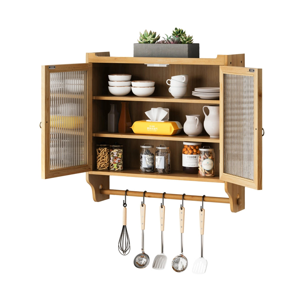 Armadietto da Bagno con Specchio e Ante in Vetro ¨C Xylo ¨C Legno Naturale, 3 Ripiani, Portasalviette, 63 cm