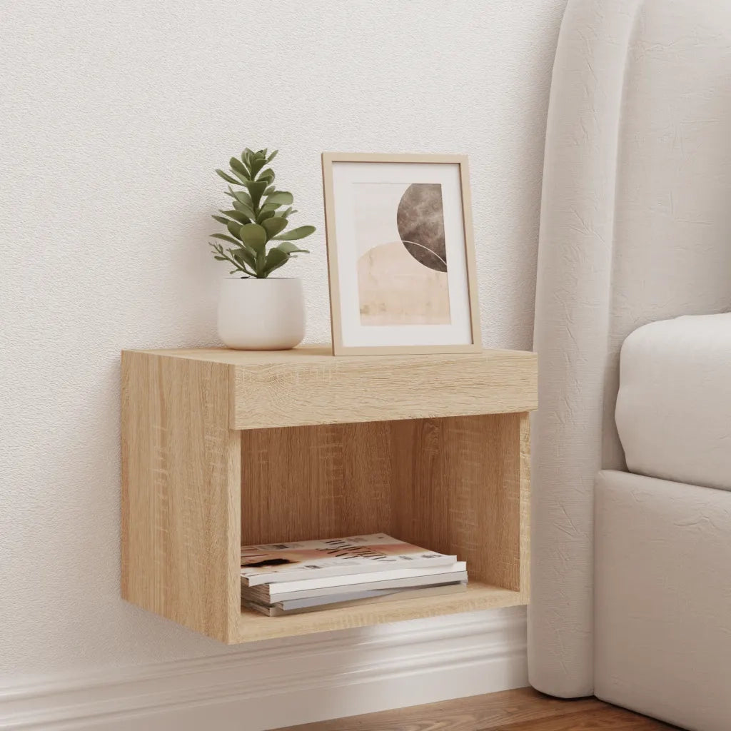 Comodino con Luci LED a Parete Rovere Sonoma