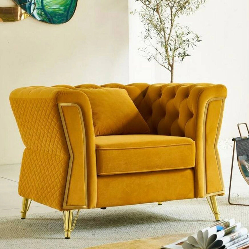 Poltrona Gabbiano, Seduta imbottita, Divano singolo da salotto, Sedia con braccioli, 104x83 h76 cm, Ocra e Oro