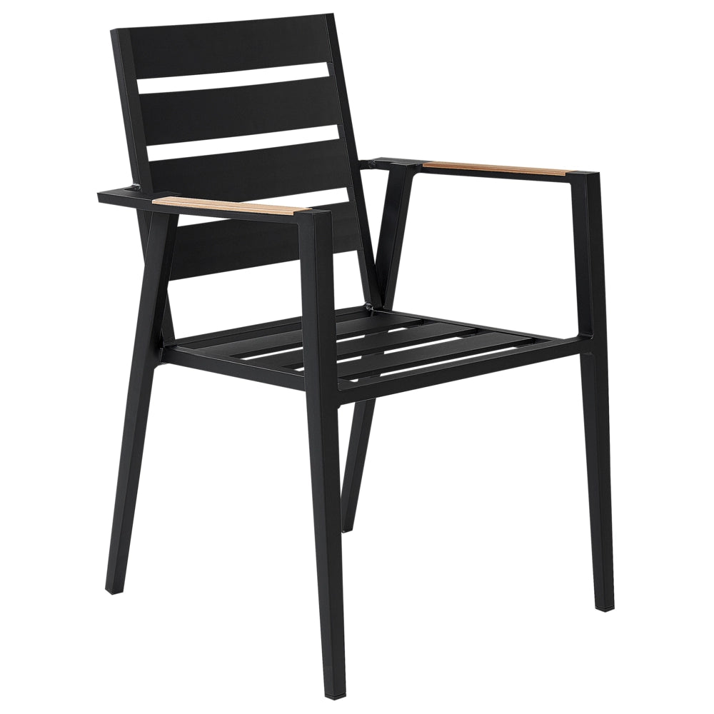 Set di mobili da esterno tavolo rotondo da pranzo nero 110 cm in alluminio e legno sintetico 4 sedie cuscini grigi