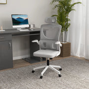 Sedia da ufficio ergonomica con braccioli, poggiatesta, funzione oscillante e supporto lombare in mesh grigio