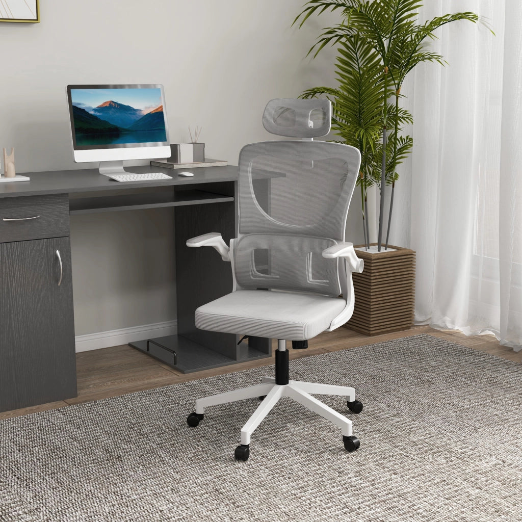 Sedia da ufficio ergonomica con braccioli, poggiatesta, funzione oscillante e supporto lombare in mesh grigio