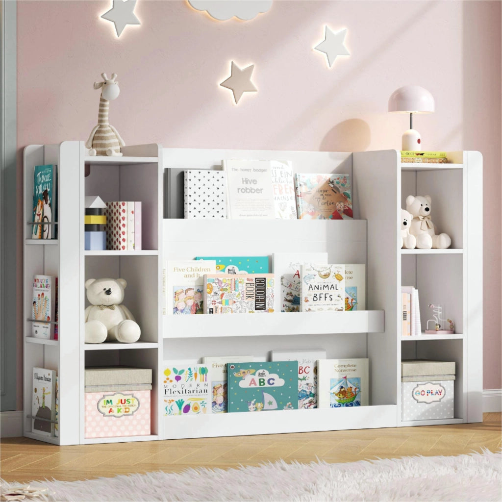 Libreria per bambini con contenitori, scaffale porta libri e giochi, mobile in MDF bianco 140 x 30 x 95 cm