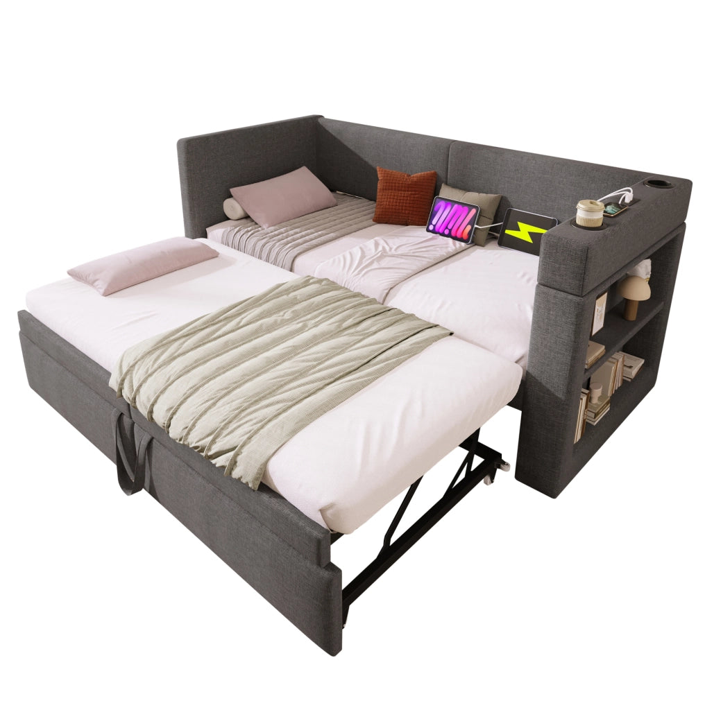 Divano letto 90x200 cm con letto estraibile e USB; cotone e lino grigio