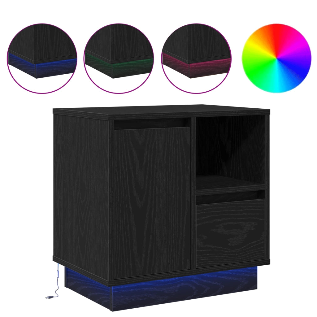 Comodino con LED Nero Rovere 50x34,5x50 cm