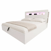 Letto contenitore matrimoniale 180×200 cm con LED; testiera con ripiani e prese; senza materasso; legno; bianco