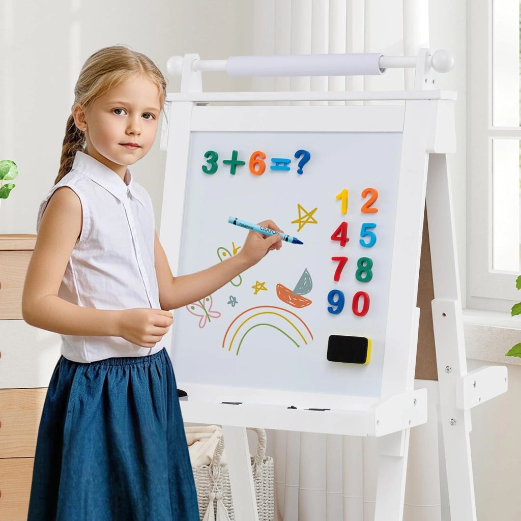 Lavagna per Bambini 3 in 1, Lavagna Magnetica con Lavagna Bifacciale, Rotolo di Carta, Vassoi Portaoggetti e 3 Bicchieri per Pittura, Cavalletto in Legno per Bambini 3+ Anni (Bianco)