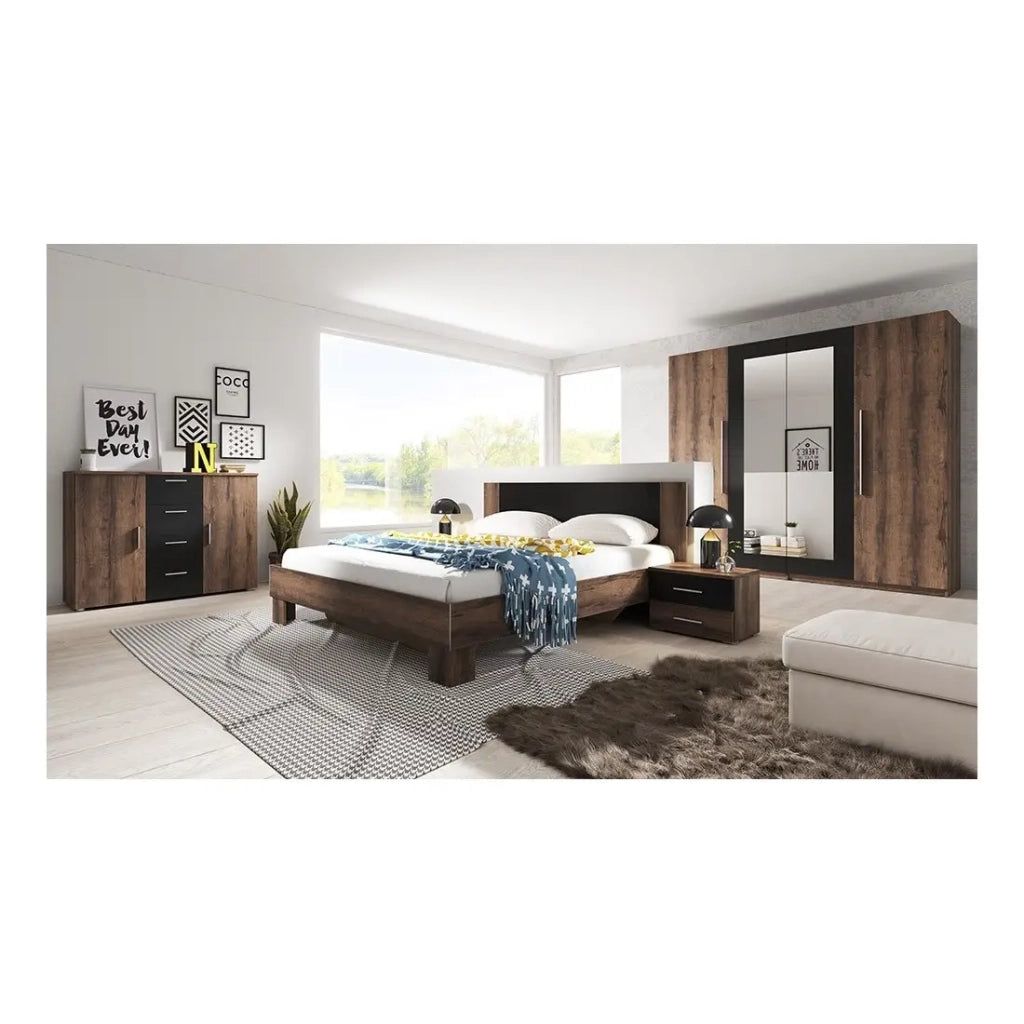 Comò con 2 ante e 4 cassetti 130cm. Collezione IRINA in imitazione di rovere scuro e nero.
