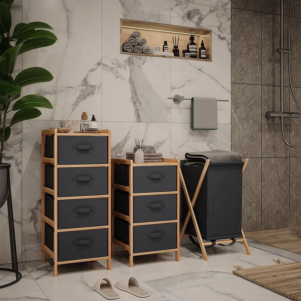 Set di mobili da bagno Bruno, Grigio, 3 parti, composto da 2 cassettiere e un cesto portabiancheria