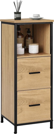 Mobile da Bagno a Terra, Mobiletto da Bagno a Colonna, 1 Scomparto Aperto e 2 Cassetti Estraibili, per Salotto, Camera, Cucina, in Legno e Metallo, 30x30x80cm, Nero+Rovere Chiaro