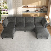 Divano angolare modulare con pouf contenitore e 2 cuscini in ciniglia grigio 6-7 posti per soggiorno 289 × 137 × 84 cm