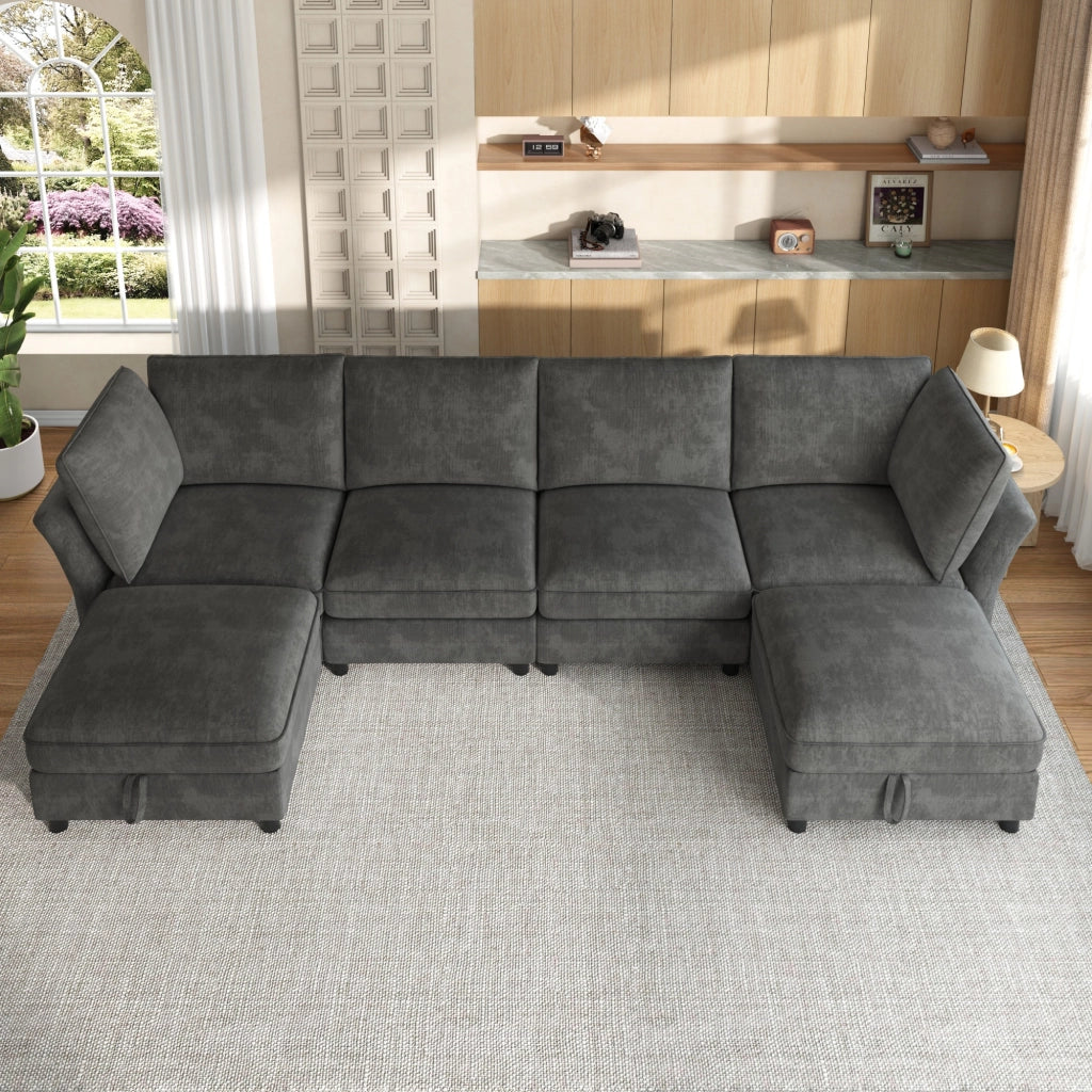 Divano angolare modulare con pouf contenitore e 2 cuscini in ciniglia grigio 6-7 posti per soggiorno 289 × 137 × 84 cm