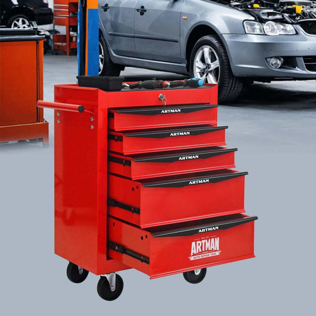 Carrello portautensili con 5 cassetti e ruote piroettanti, bloccabile, per garage, in acciaio, rosso nero 60 × 33 × 77,5 cm