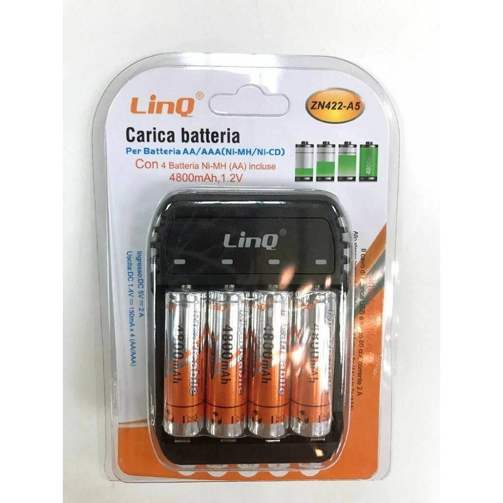 Trade Shop - Carica Batterie Pile Aa Aaa 4 Slot Zn422-a5 + 4 Pile Stilo 4800mha Ricaricabili -