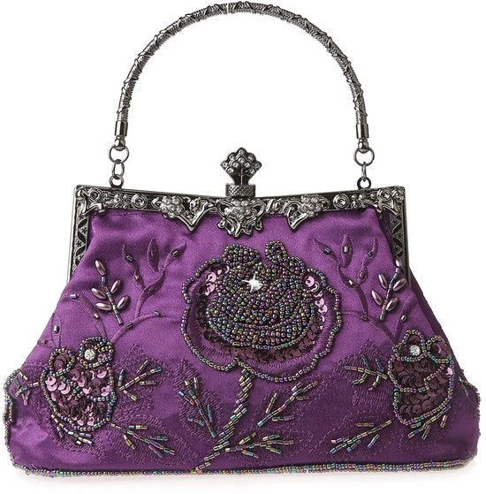 Collana vintage con fiori e perle con ricamo a strass, pailletti, abito da sposa e gala, borsa da donna a tracolla (blu viola)