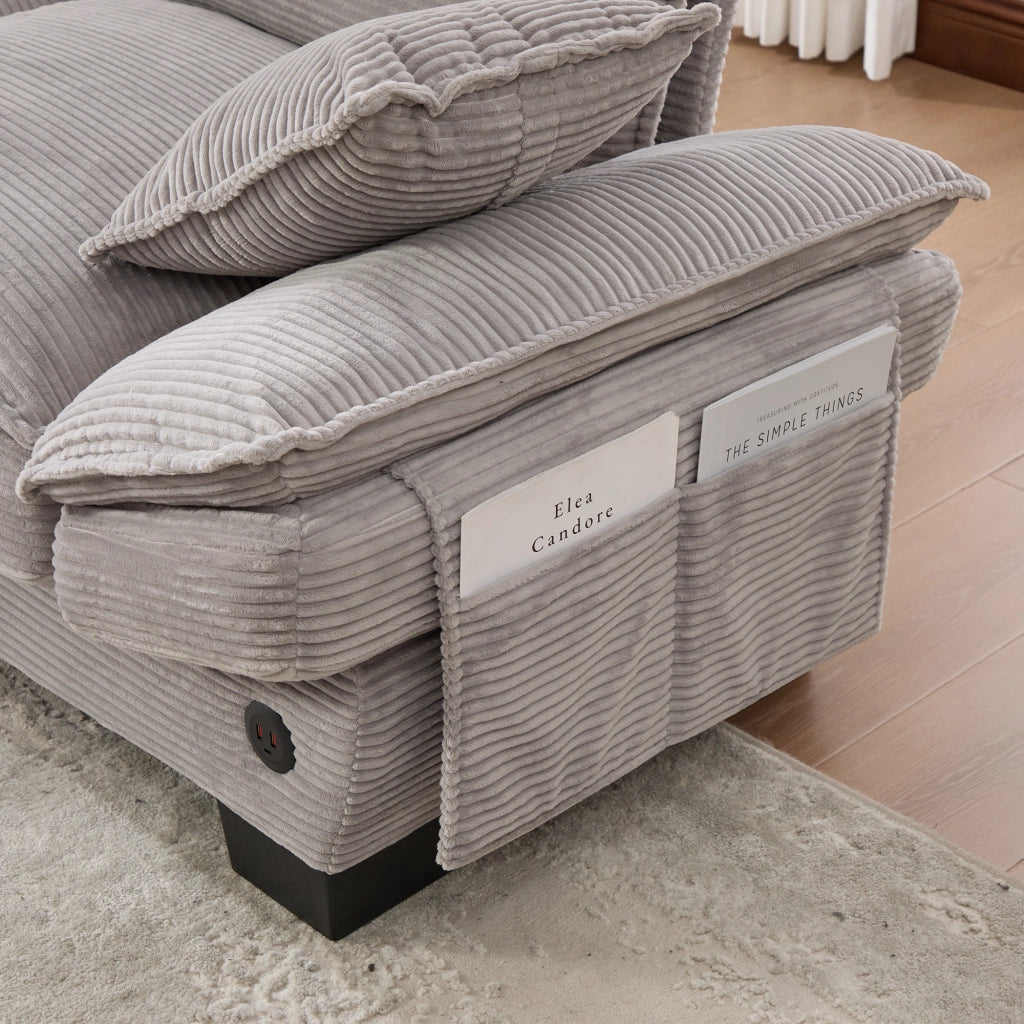 Divano 2 posti in tessuto corduroy grigio chiaro con USB-C e tasche laterali
