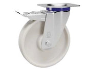 RUOTE IN POLIAMMIDE C/SUPPORTO INOX C/PIASTRA GIREVOLE FRENO 119ANT- - ø mm.100x30 piastra mm.100x85 - mm.128h. p.kg150 - 1 pezzi AVO