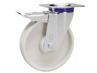 RUOTE IN POLIAMMIDE C/SUPPORTO INOX C/PIASTRA GIREVOLE FRENO 119ANT- - ø mm.100x30 piastra mm.100x85 - mm.128h. p.kg150 - 1 pezzi AVO