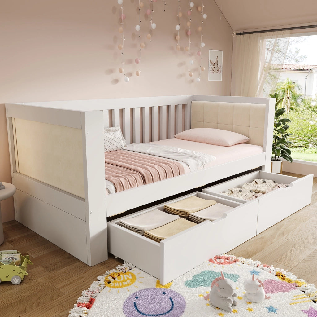 Letto da giorno 90 x 200 cm in pino bianco con 2 cassetti e schienale imbottito